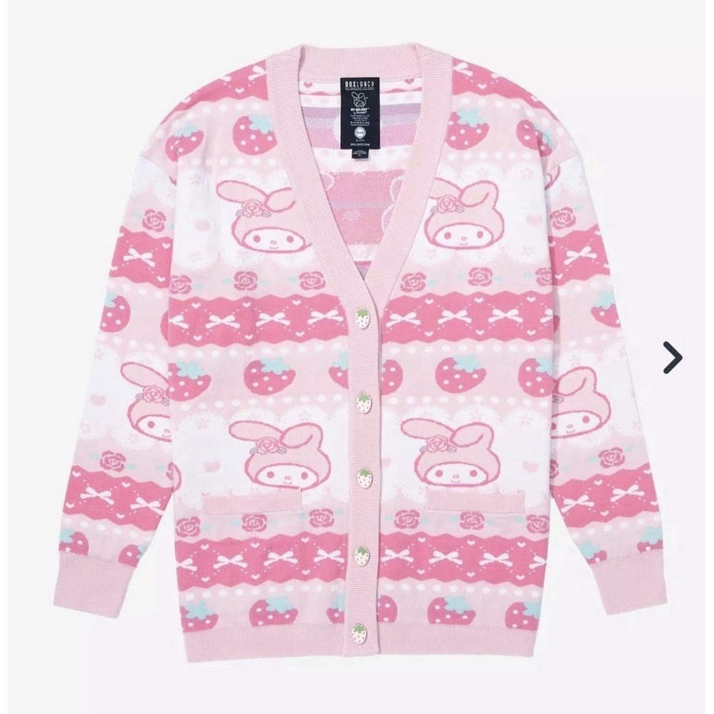 SANRIO MY MELODY Pink Strawberry Cardigan Sweater Womens Large Bioworld Boxlunch
